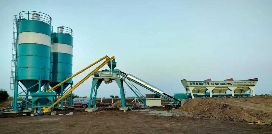 A Nilkanth concrete batching plant successfully installed and operating at a site in Gujarat.