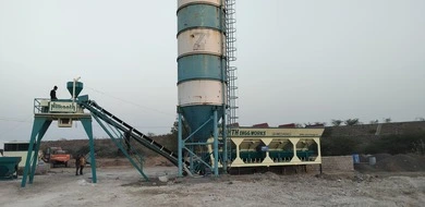 A Nilkanth NE-45-SP stationary concrete batching plant powering urban construction and development in Gandhidham, Kutch.